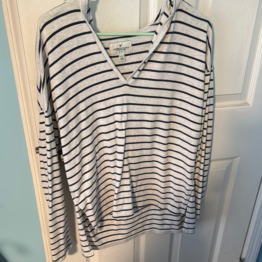 Navy and White Striped V-Neck Long Sleeve Top